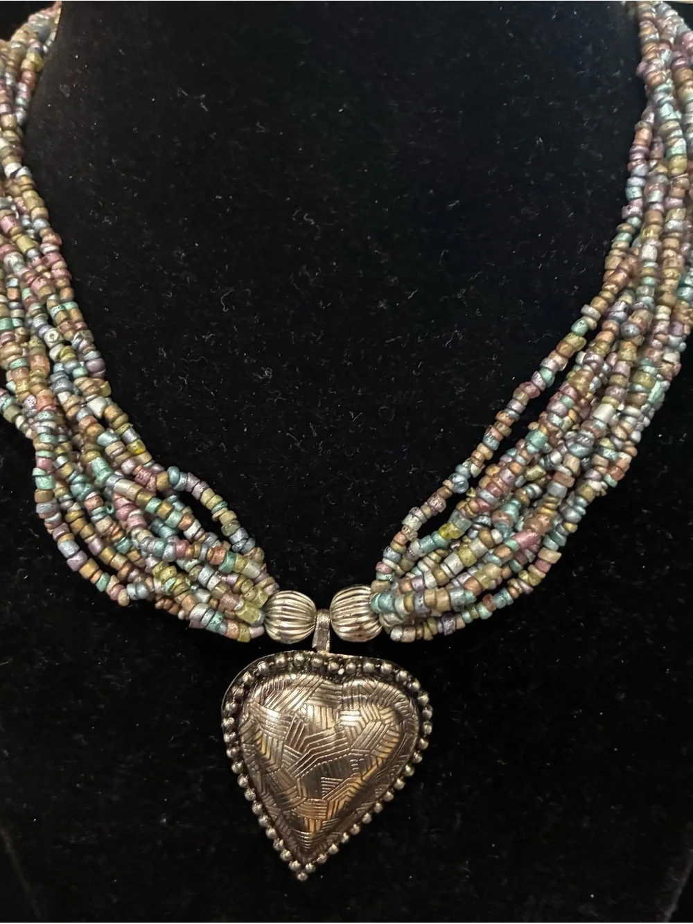 Multi-Strand EUC Seed Beaded Necklace with Heart Pendant SilverTone